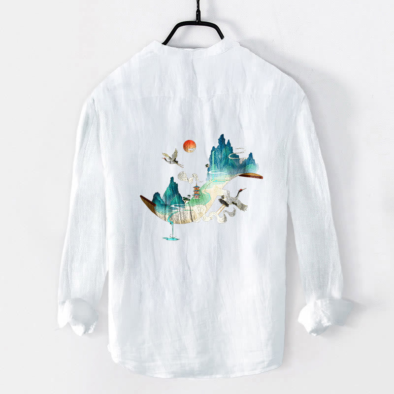 Herren-Langarmhemd aus Baumwolle und Leinen mit Buddha Stones, Berg-, Kranich- und Wolkenmuster und halben Knöpfen. - image 8