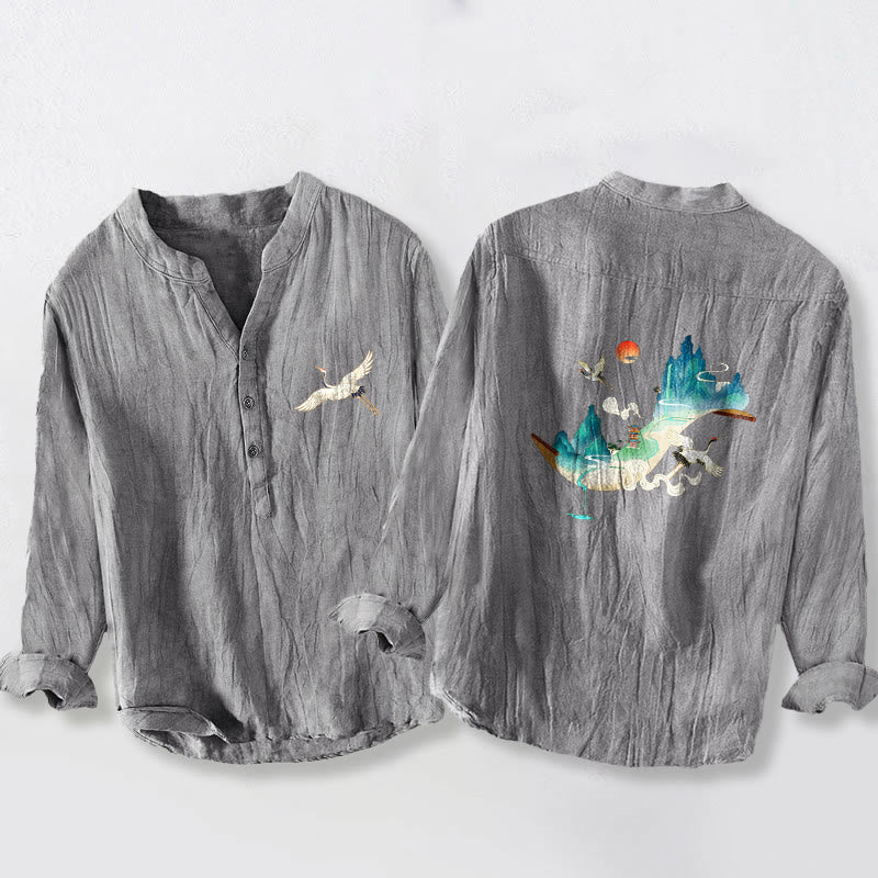 Herren-Langarmhemd aus Baumwolle und Leinen mit Buddha Stones, Berg-, Kranich- und Wolkenmuster und halben Knöpfen. - Grau - US/ UK/AU50, EU60 (5XL) - image 0