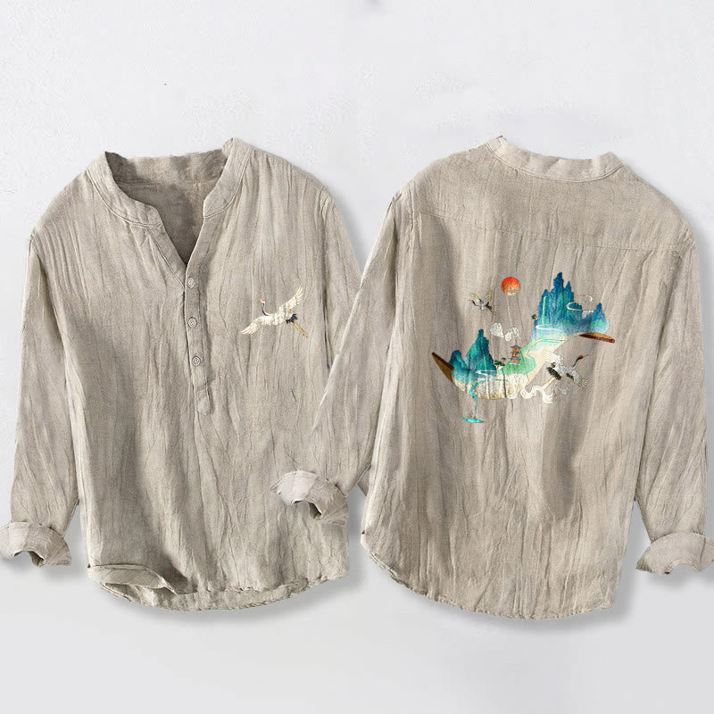 Herren-Langarmhemd aus Baumwolle und Leinen mit Buddha Stones, Berg-, Kranich- und Wolkenmuster und halben Knöpfen. - Leinen - US/ UK/AU50, EU60 (5XL) - image 3