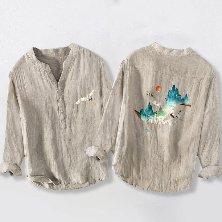 Herren-Langarmhemd aus Baumwolle und Leinen mit Buddha Stones, Berg-, Kranich- und Wolkenmuster und halben Knöpfen. - Leinen - US/ UK/AU50, EU60 (5XL) - image 3