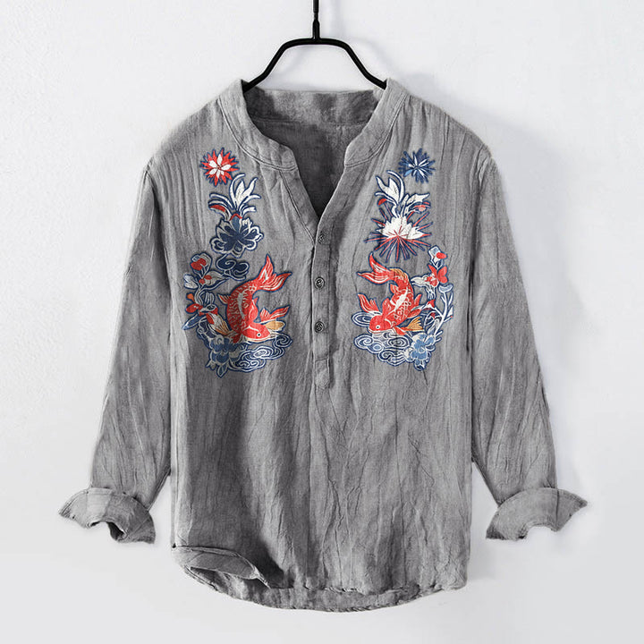 Herren-Langarmhemd mit Buddha Stones, Koi-Fisch- und Blumenmuster, halben Knöpfen, aus Baumwoll-Leinen-Mischgewebe - Grau - US/ UK/AU50, EU60 (5XL) - image 3