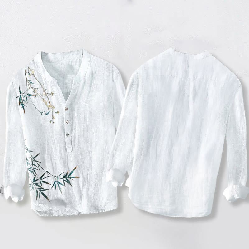 Herren-Langarmhemd aus Baumwollleinen mit Buddha Stones, Bambusblättern und weißen Pflaumenblüten. - image 8