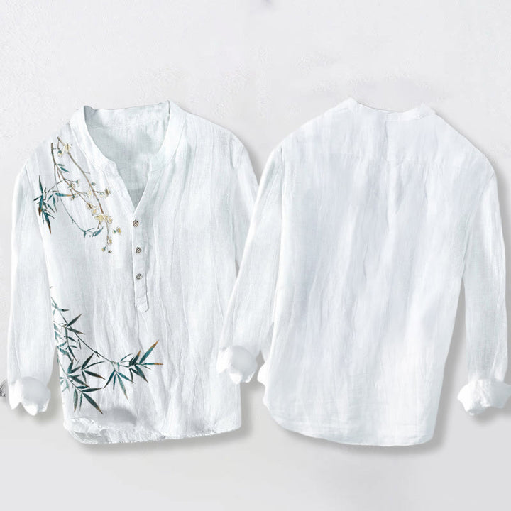 Herren-Langarmhemd aus Baumwollleinen mit Buddha Stones, Bambusblättern und weißen Pflaumenblüten. - image 8