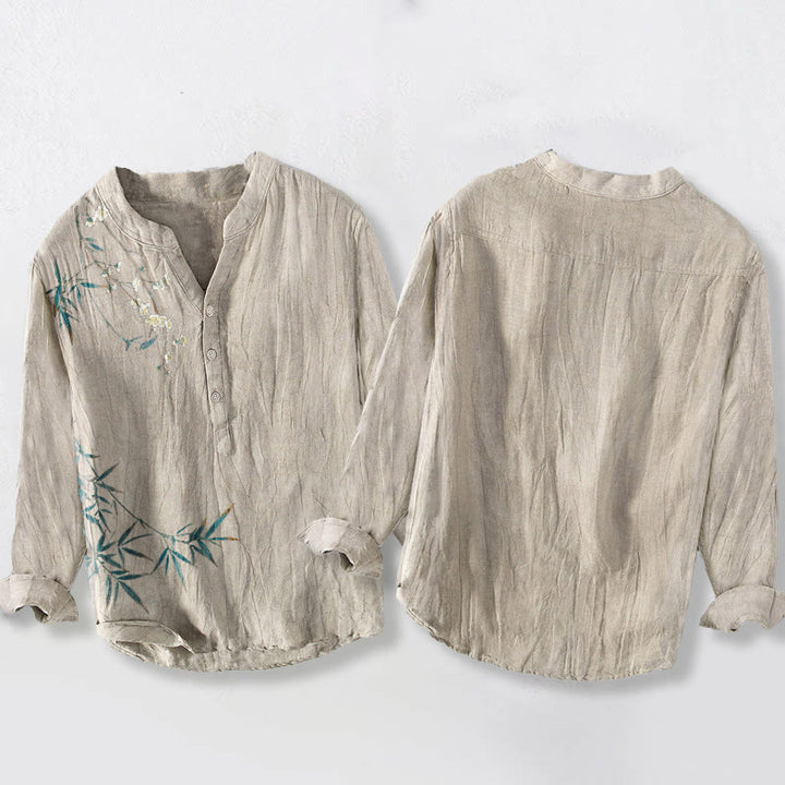 Herren-Langarmhemd aus Baumwollleinen mit Buddha Stones, Bambusblättern und weißen Pflaumenblüten. - image 2