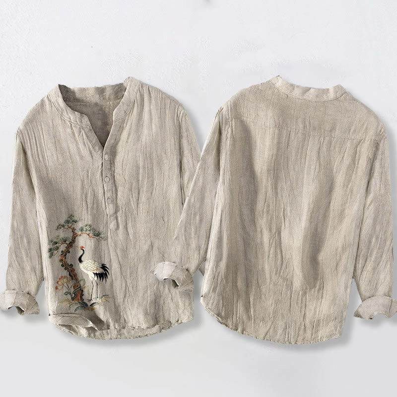 Herren-Langarmhemd mit Buddha Stones, Kranichen und Kiefernmuster, halben Knöpfen, aus Baumwoll-Leinen-Mischgewebe - image 2