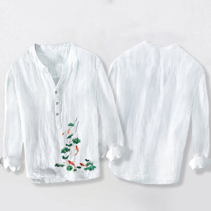 Herren-Langarmhemd mit Buddha Stones, Koi-Karpfen, Lotusblättern und halben Knöpfen aus Baumwoll-Leinen-Mischgewebe. - image 2