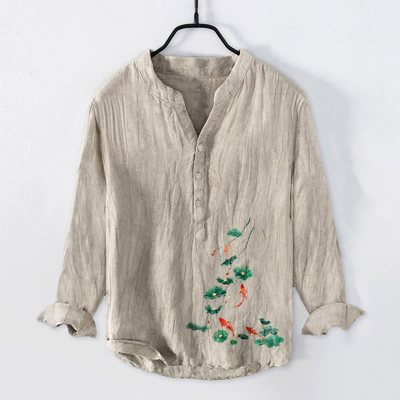 Herren-Langarmhemd mit Buddha Stones, Koi-Karpfen, Lotusblättern und halben Knöpfen aus Baumwoll-Leinen-Mischgewebe. - Leinen - US/ UK/AU50, EU60 (5XL) - image 3