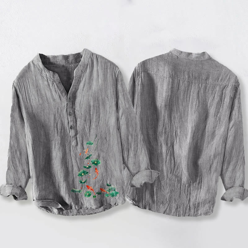 Herren-Langarmhemd mit Buddha Stones, Koi-Karpfen, Lotusblättern und halben Knöpfen aus Baumwoll-Leinen-Mischgewebe. - image 8