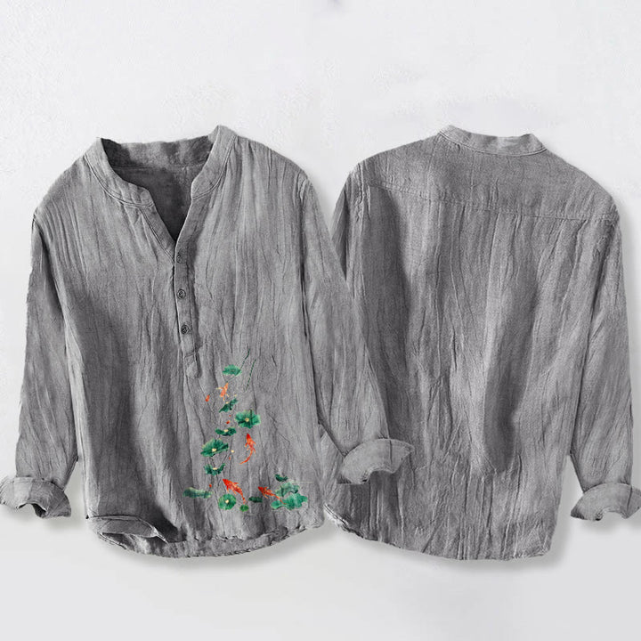 Herren-Langarmhemd mit Buddha Stones, Koi-Karpfen, Lotusblättern und halben Knöpfen aus Baumwoll-Leinen-Mischgewebe. - image 8
