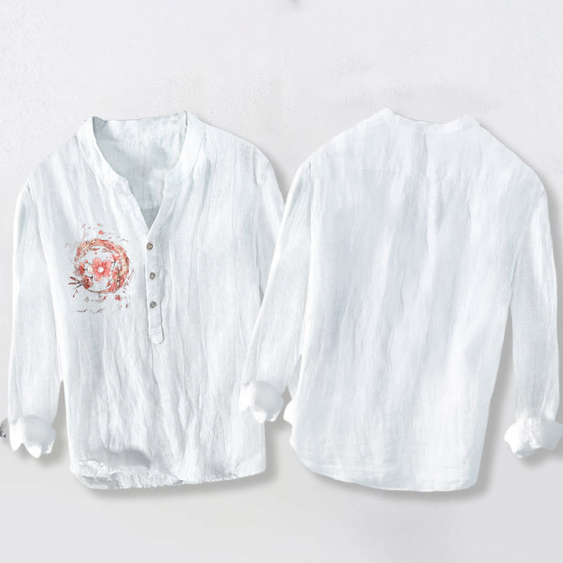 Herrenhemd aus Baumwoll Buddha Stones, rosa Drachen- und Kirschblütenmuster, halben Knöpfen und langen Ärmeln - image 8