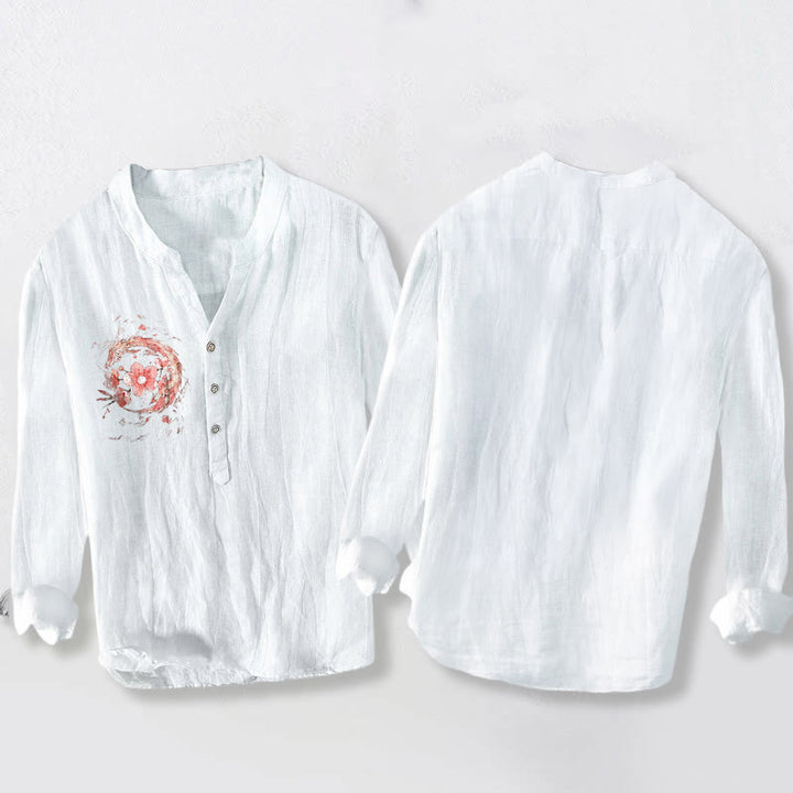 Herrenhemd aus Baumwoll Buddha Stones, rosa Drachen- und Kirschblütenmuster, halben Knöpfen und langen Ärmeln - image 8