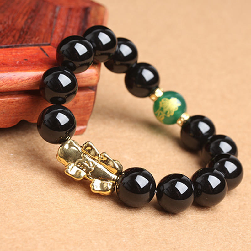 Buddha Stones, schwarzer Onyx, grüne Achatperlen, Pi Xiu Schutzarmband - Black Onyx – 14 mm (Handgelenkumfang: 17–21 cm) - image 0