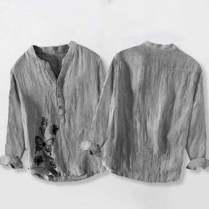 Herrenhemd aus Baumwoll Buddha Stones, Schmetterlings- und Lotusmuster, halben Knöpfen und langen Ärmeln - image 5