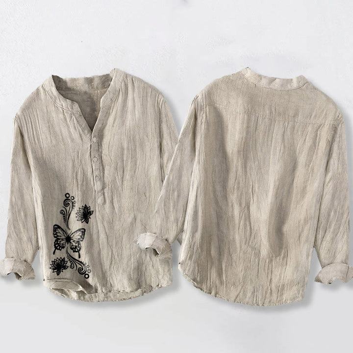 Herrenhemd aus Baumwoll Buddha Stones, Schmetterlings- und Lotusmuster, halben Knöpfen und langen Ärmeln - image 2