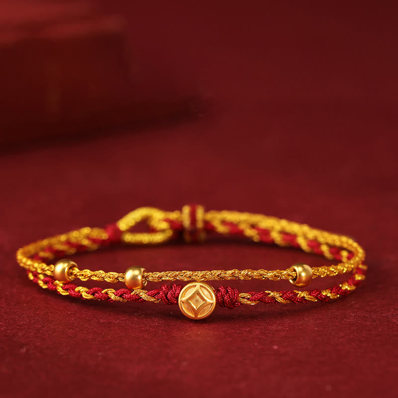 Buddha Stones, 999er Goldperlen, Kupfermünze, doppelt gewickeltes, goldrotes, geflochtenes Armband - 999er Gold-Kupfer-Münze & drei Perlen - image 5