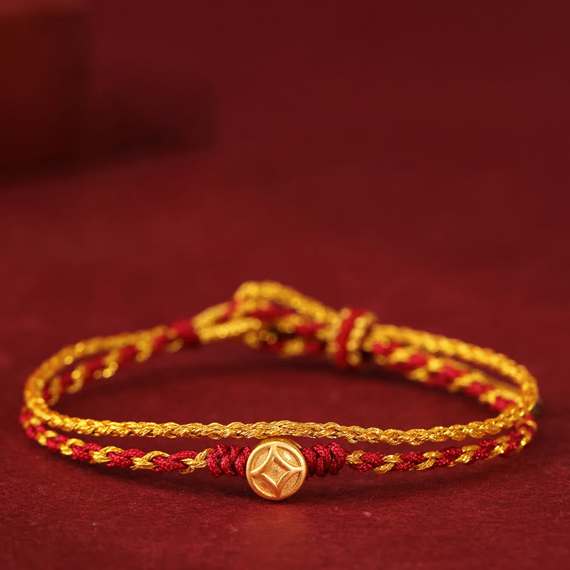 Buddha Stones, 999er Goldperlen, Kupfermünze, doppelt gewickeltes, goldrotes, geflochtenes Armband - 999 Gold-Kupfer-Münze - image 6
