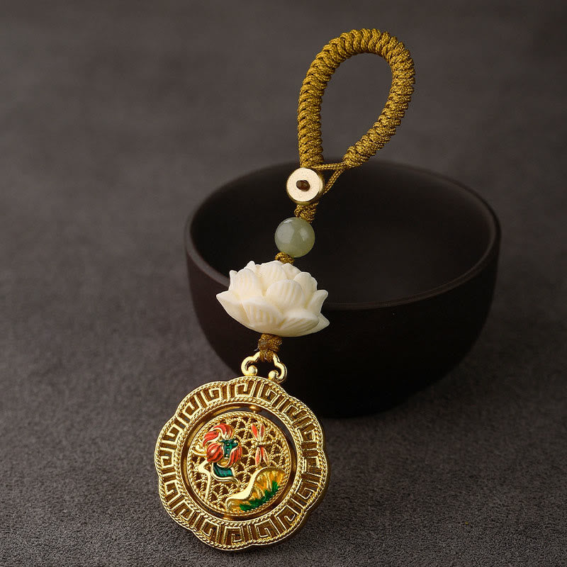Buddha Stones, Bodhi-Samen, Lotus-Hetian-Jade-Perle, drehbarer Friedens-Schlüsselanhänger aus Kupfer - Libellen-Lotusblatt - Gelbes Knopfseil - image 0