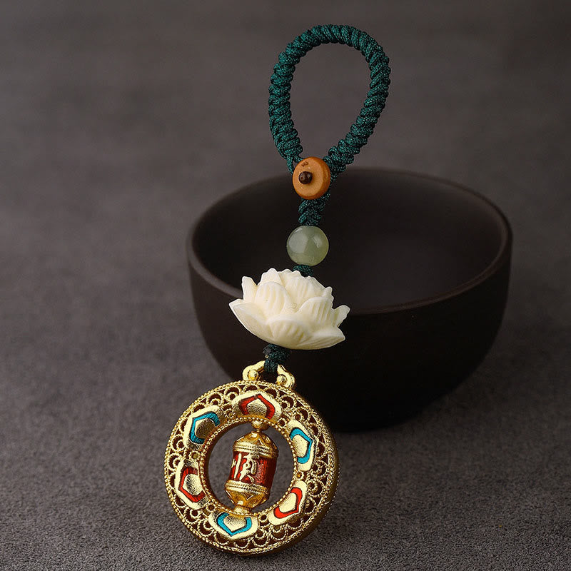 Buddha Stones, Bodhi-Samen, Lotus-Hetian-Jade-Perle, drehbarer Friedens-Schlüsselanhänger aus Kupfer - Gebetsmühle - Grüne Knopfschnur - image 14