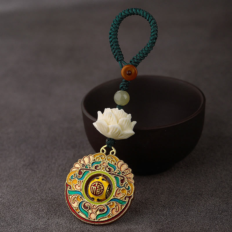 Buddha Stones, Bodhi-Samen, Lotus-Hetian-Jade-Perle, drehbarer Friedens-Schlüsselanhänger aus Kupfer - Fu-Charakter Glückswolke - Grüne Knopfschnur - image 11