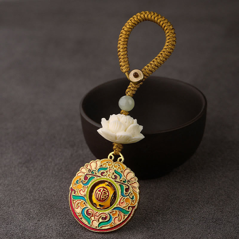 Buddha Stones, Bodhi-Samen, Lotus-Hetian-Jade-Perle, drehbarer Friedens-Schlüsselanhänger aus Kupfer - Fu-Charakter Glückswolke - Gelbes Knopfseil - image 10