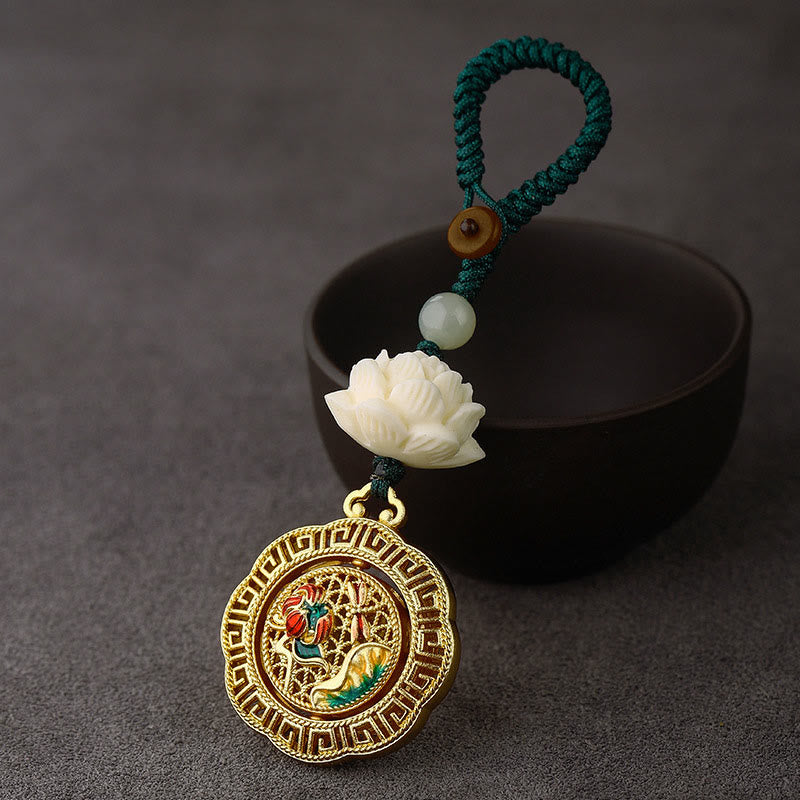 Buddha Stones, Bodhi-Samen, Lotus-Hetian-Jade-Perle, drehbarer Friedens-Schlüsselanhänger aus Kupfer - Libellen-Lotusblatt - Grüne Knopfschnur - image 1