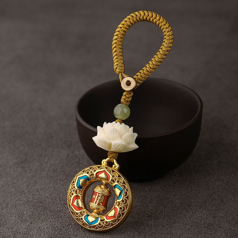 Buddha Stones, Bodhi-Samen, Lotus-Hetian-Jade-Perle, drehbarer Friedens-Schlüsselanhänger aus Kupfer - Gebetsmühle - Gelbes Knopfseil - image 13