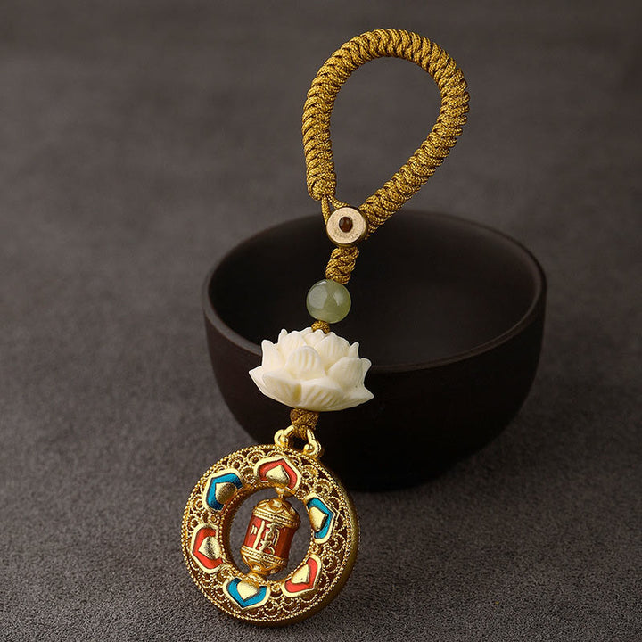 Buddha Stones, Bodhi-Samen, Lotus-Hetian-Jade-Perle, drehbarer Friedens-Schlüsselanhänger aus Kupfer - Gebetsmühle - Gelbes Knopfseil - image 13