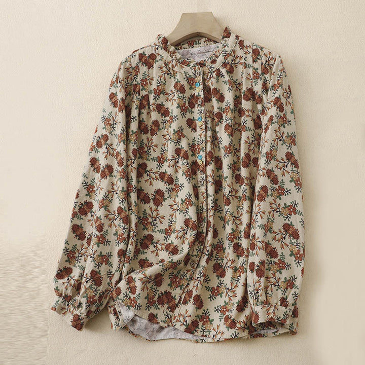 Buddha Stones ​​Herbstblumenmuster, Knopfleiste, Langarmshirt aus Baumwolle für Damen - Beige - US12, UK/AU16, EU44 (2XL) - image 0
