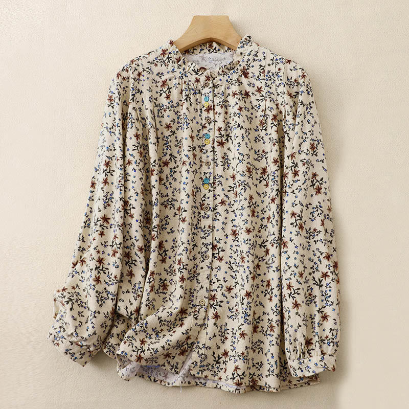 Buddha Stones ​​Herbstblumenmuster, Knopfleiste, Langarmshirt aus Baumwolle für Damen - Maisfäden - US12, UK/AU16, EU44 (2XL) - image 7