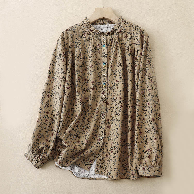 Buddha Stones ​​Herbstblumenmuster, Knopfleiste, Langarmshirt aus Baumwolle für Damen - Dunkelkhaki - US12, UK/AU16, EU44 (2XL) - image 17