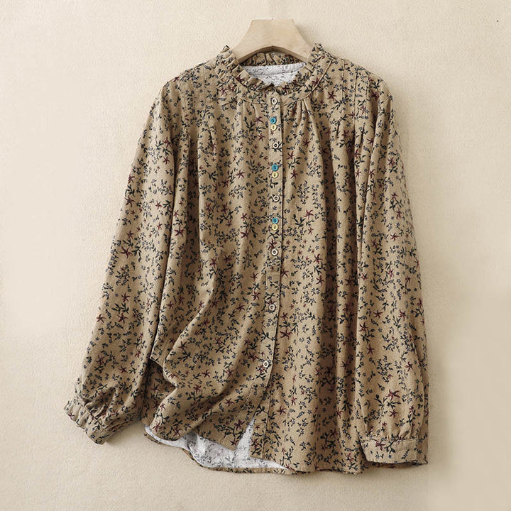 Buddha Stones ​​Herbstblumenmuster, Knopfleiste, Langarmshirt aus Baumwolle für Damen - Dunkelkhaki - US12, UK/AU16, EU44 (2XL) - image 17
