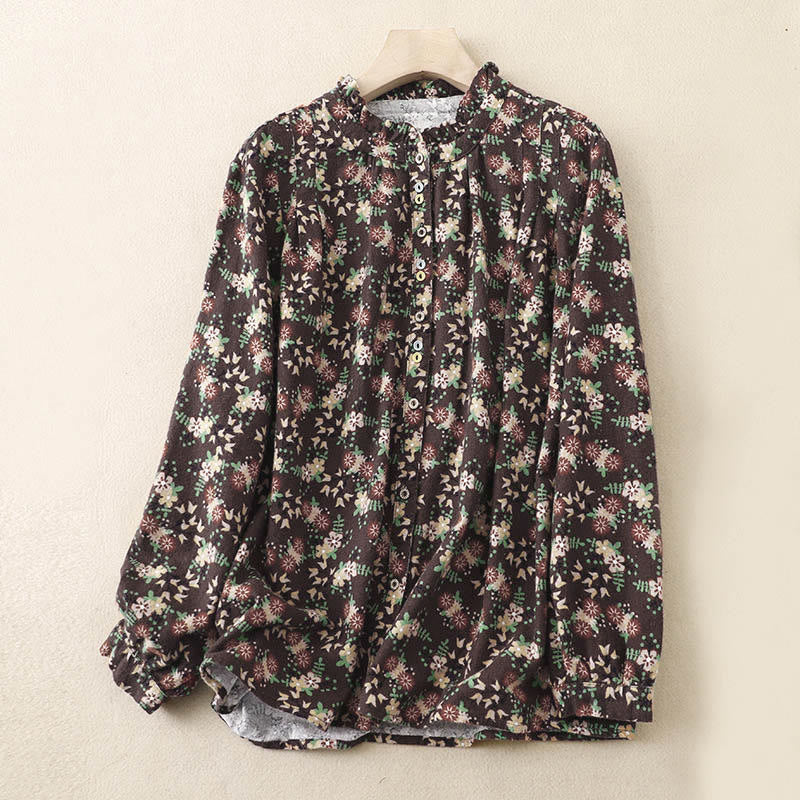 Buddha Stones ​​Herbstblumenmuster, Knopfleiste, Langarmshirt aus Baumwolle für Damen - Sattelbraun - US12, UK/AU16, EU44 (2XL) - image 23