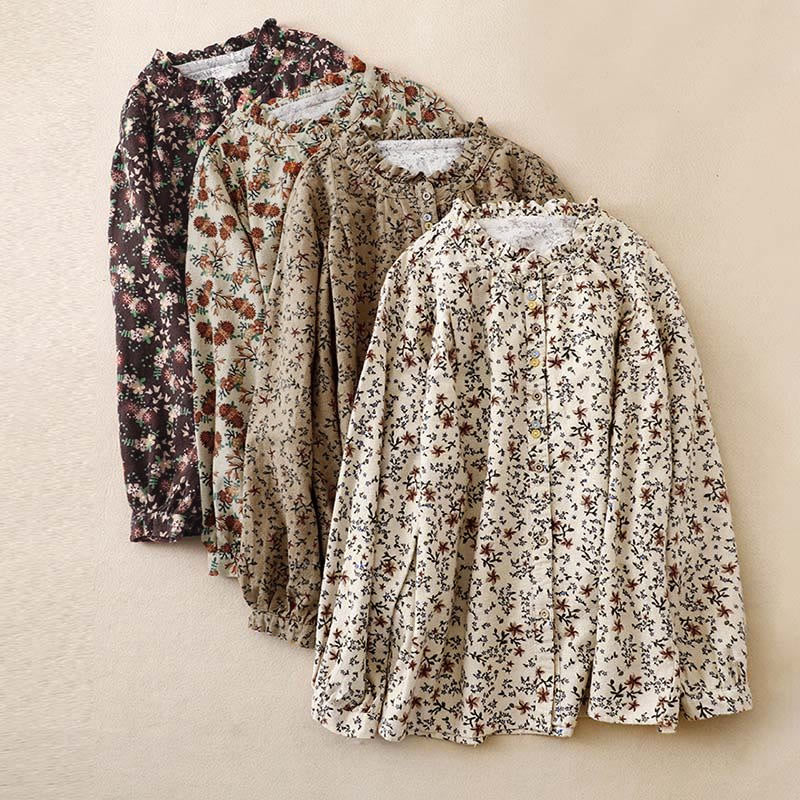 Buddha Stones ​​Herbstblumenmuster, Knopfleiste, Langarmshirt aus Baumwolle für Damen - image 1