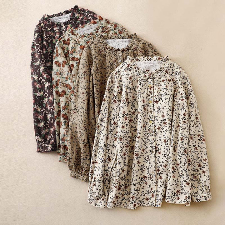 Buddha Stones ​​Herbstblumenmuster, Knopfleiste, Langarmshirt aus Baumwolle für Damen - image 1