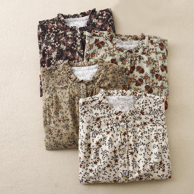 Buddha Stones ​​Herbstblumenmuster, Knopfleiste, Langarmshirt aus Baumwolle für Damen - image 29