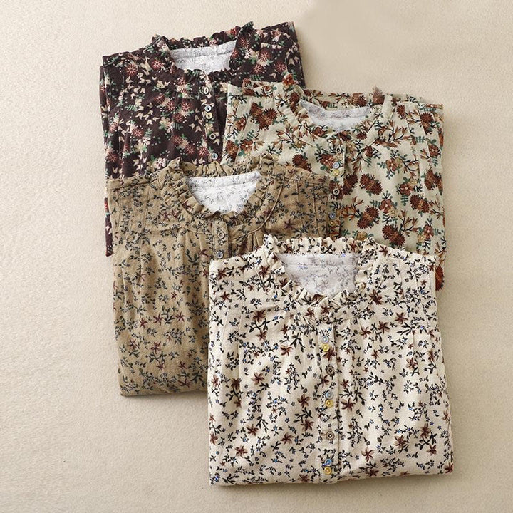 Buddha Stones ​​Herbstblumenmuster, Knopfleiste, Langarmshirt aus Baumwolle für Damen - image 29