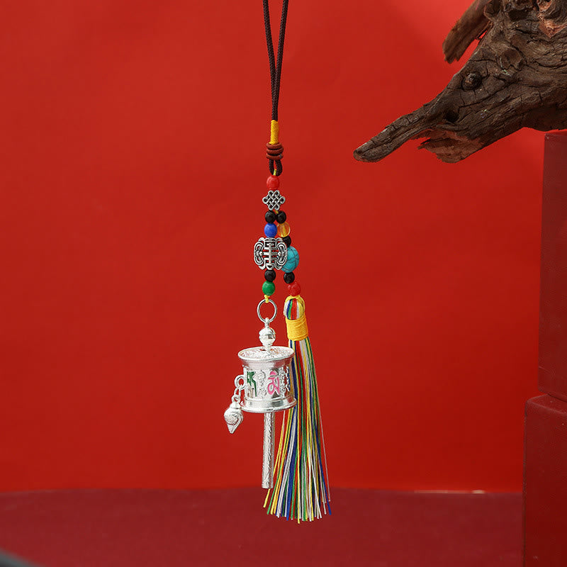 Buddha Stones, Gebetsmühle, Om Mani Padme Hum, bunte Quasten, Reinheits-Schlüsselanhänger - Vollsilber - image 3