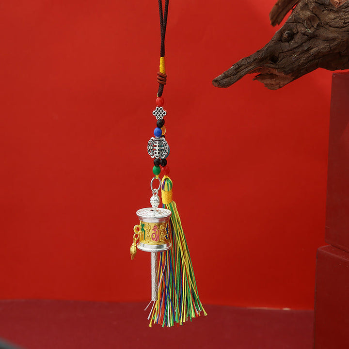 Buddha Stones, Gebetsmühle, Om Mani Padme Hum, bunte Quasten, Reinheits-Schlüsselanhänger - Mittelgold - image 4