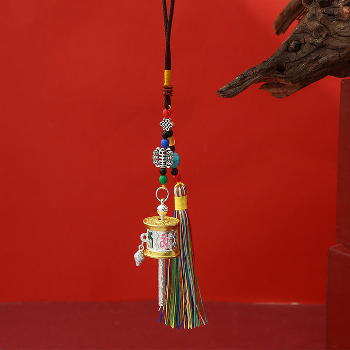 Buddha Stones, Gebetsmühle, Om Mani Padme Hum, bunte Quasten, Reinheits-Schlüsselanhänger - Mittelsilber - image 5