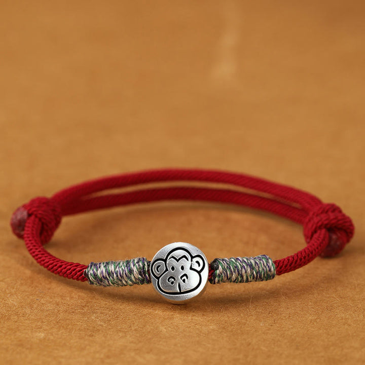 Buddha Stones, 999er Sterlingsilber, Jahr des Pferdes, Chinesisches Tierkreiszeichen, geflochtenes Glücksarmband - Monkey Darkred String - 19-23 cm - image 25