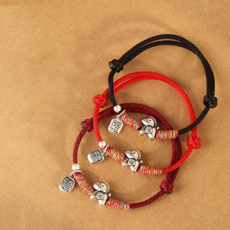 Buddha Stones, 999 Sterling Silber, Jahr des Pferdes, Fu-Zeichen-Anhänger, geflochtenes Glücksarmband - image 21