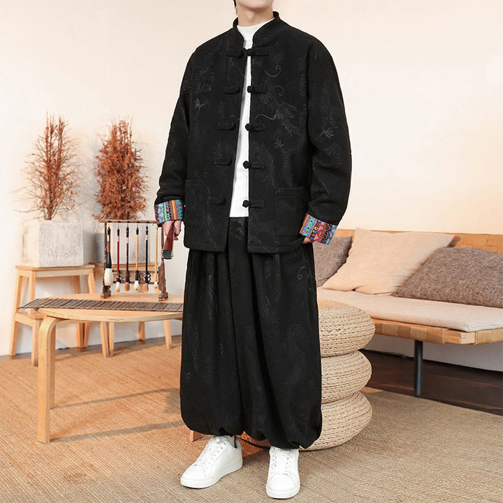 Buddha Stones 2-teiliger Herbst-Winter Herren Tang Anzug Drachenfroschknopf Baumwolle Langarm Jacke und Hose Set - Schwarz - US/ UK/AU46, EU56 (5XL) - image 0