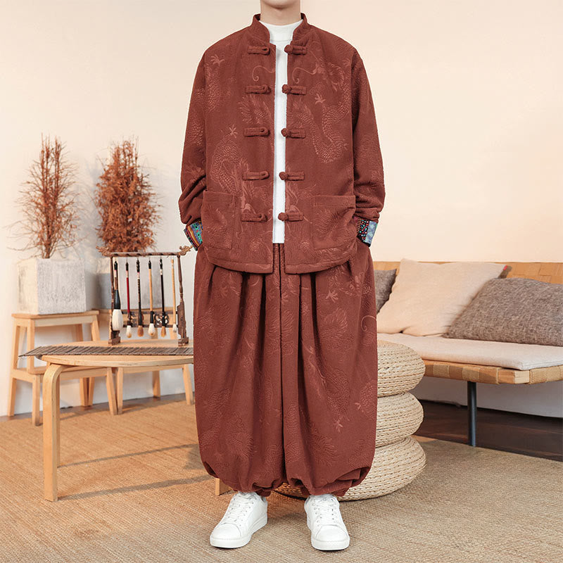 Buddha Stones 2-teiliger Herbst-Winter Herren Tang Anzug Drachenfroschknopf Baumwolle Langarm Jacke und Hose Set - Schokolade - US/ UK/AU46, EU56 (5XL) - image 10