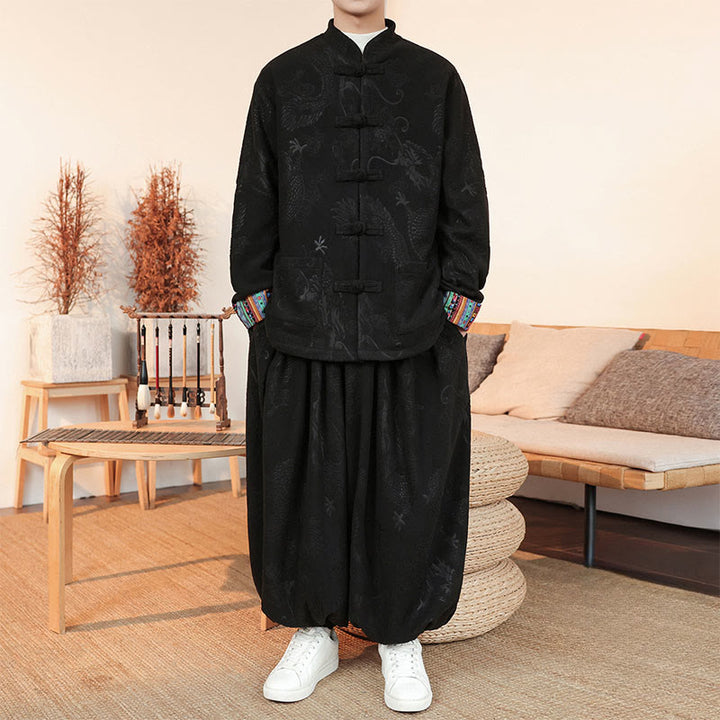 Buddha Stones 2-teiliger Herbst-Winter Herren Tang Anzug Drachenfroschknopf Baumwolle Langarm Jacke und Hose Set - image 1