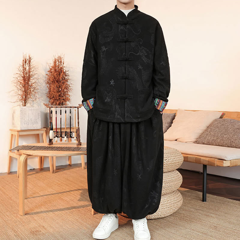 Buddha Stones 2-teiliger Herbst-Winter Herren Tang Anzug Drachenfroschknopf Baumwolle Langarm Jacke und Hose Set - image 2