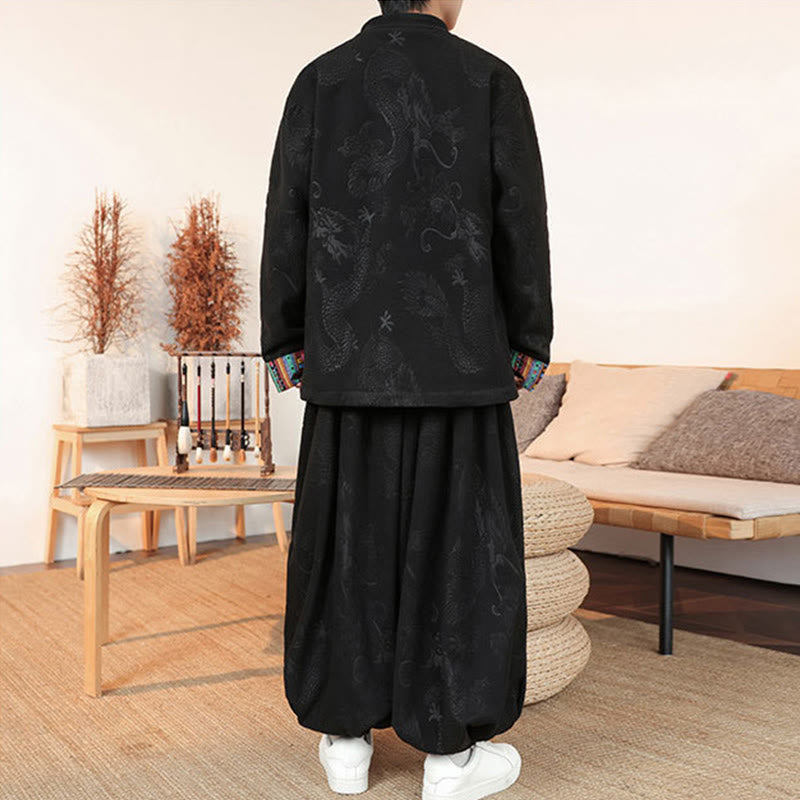 Buddha Stones 2-teiliger Herbst-Winter Herren Tang Anzug Drachenfroschknopf Baumwolle Langarm Jacke und Hose Set - image 4