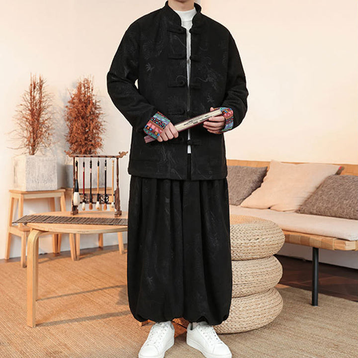 Buddha Stones 2-teiliger Herbst-Winter Herren Tang Anzug Drachenfroschknopf Baumwolle Langarm Jacke und Hose Set - image 3