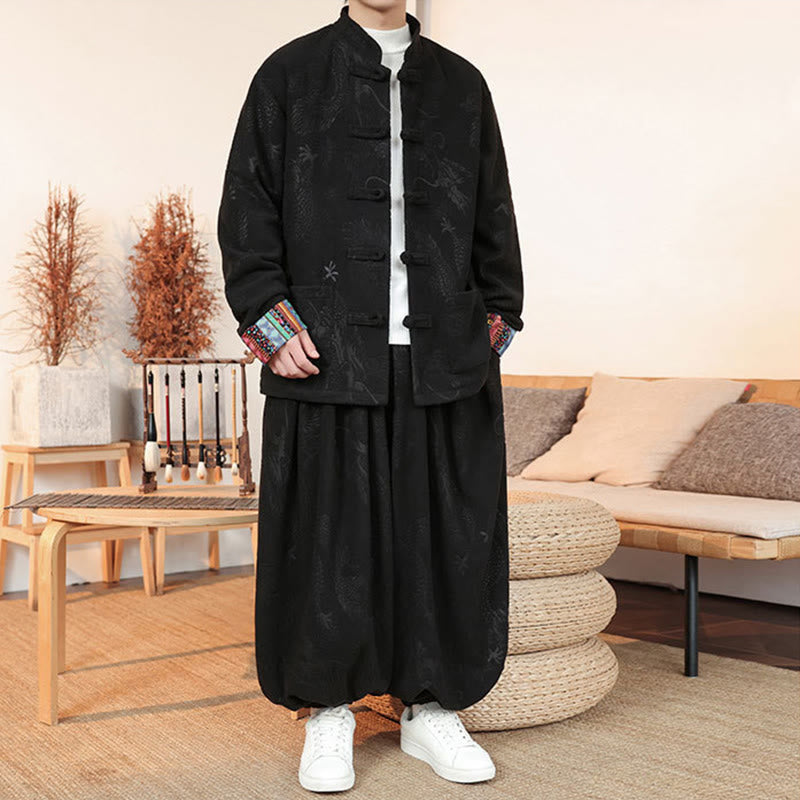 Buddha Stones 2-teiliger Herbst-Winter Herren Tang Anzug Drachenfroschknopf Baumwolle Langarm Jacke und Hose Set - image 6