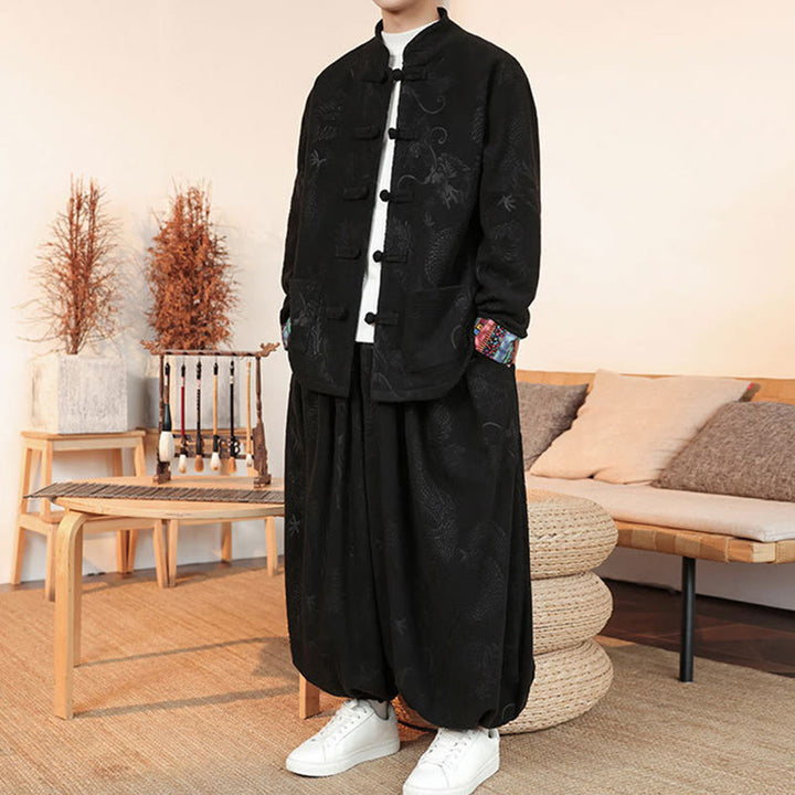 Buddha Stones 2-teiliger Herbst-Winter Herren Tang Anzug Drachenfroschknopf Baumwolle Langarm Jacke und Hose Set - image 5
