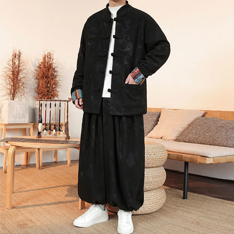 Buddha Stones 2-teiliger Herbst-Winter Herren Tang Anzug Drachenfroschknopf Baumwolle Langarm Jacke und Hose Set - image 7